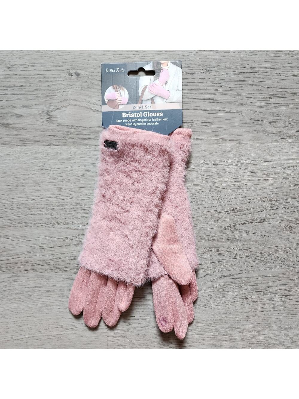 NWT Britt's Knits Women's Pink Faux Suede Fingerless Feather Knit 2-in-1 Gloves